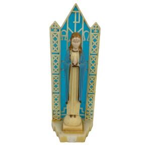 Vintage Virgin Mother Mary Praying Blue Stained Glass Plastic Hong Kong 7"
